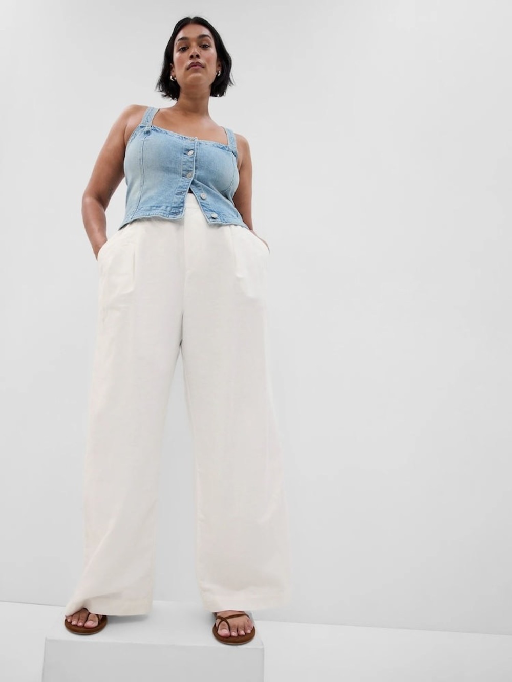 Gap White Linen Cotton Blend Pleated Trouser Wide Leg High Rise Pant SZ 14 Long